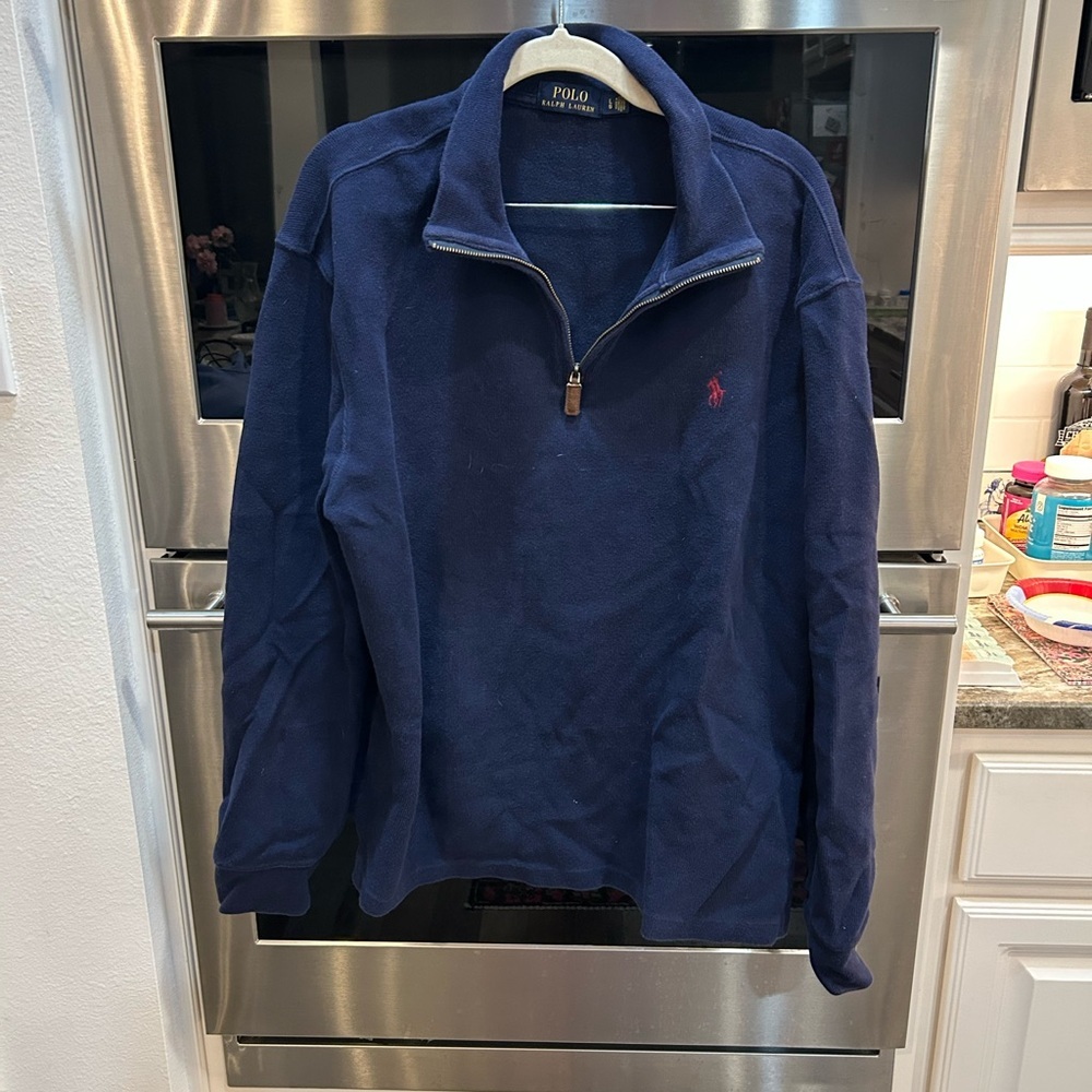 Ralph Lauren Men's Navy 3/4 zip Sweater size L has wear overall GUC
